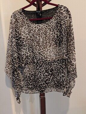 DKNY Sheer Leopard-Print Drape Blouse in Beige and Brown, Size XL - NEW
